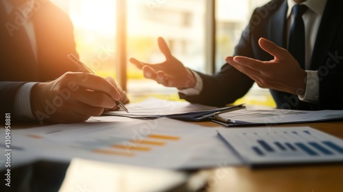 business meeting, office desk, paperworksigning contract, hands gesturing, suit andtie, financial charts, sunlight throughwindow, professional environment, pen inhand, 