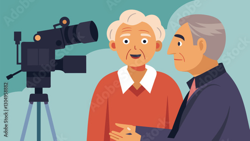 With a steady hand an elderly filmmaker captures the emotional testimony of a fellow senior as they recount their experience of a historic event.. Vector illustration