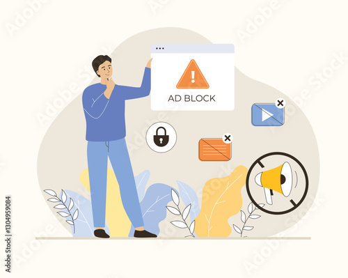 Online ad blocker concept. No advertising, anti spam protection, without ads concept. Website Adblock software. Flat vector illustration.