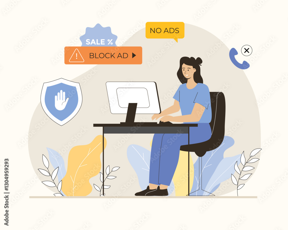 Ad blocking. No advertising, anti spam protection, without ads concept. Website Adblock software. Flat vector illustration. Ad blocking. No advertising, anti spam protection, without ads concept. Website Adblock software. Flat vector illustration.