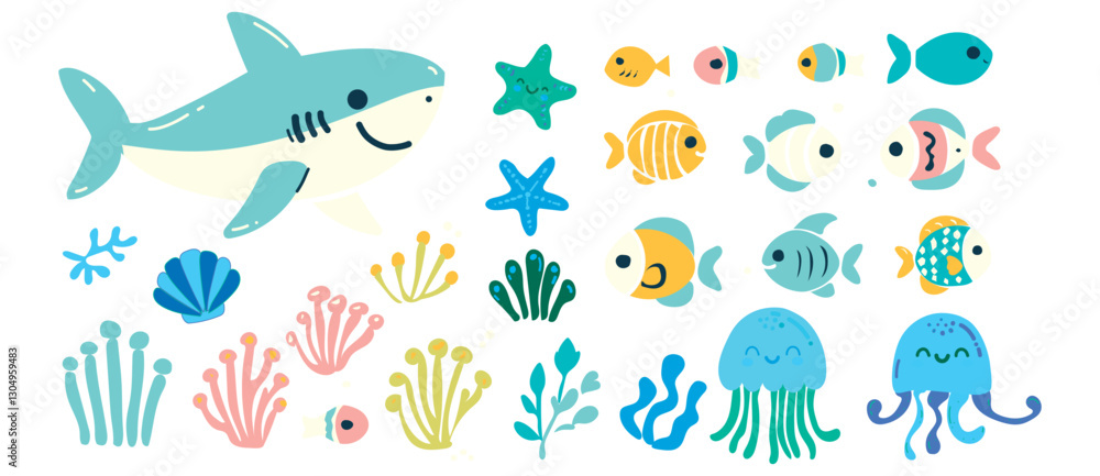 Obraz premium Set of underwater animals and plants, shark, fish and corals, vector illustration