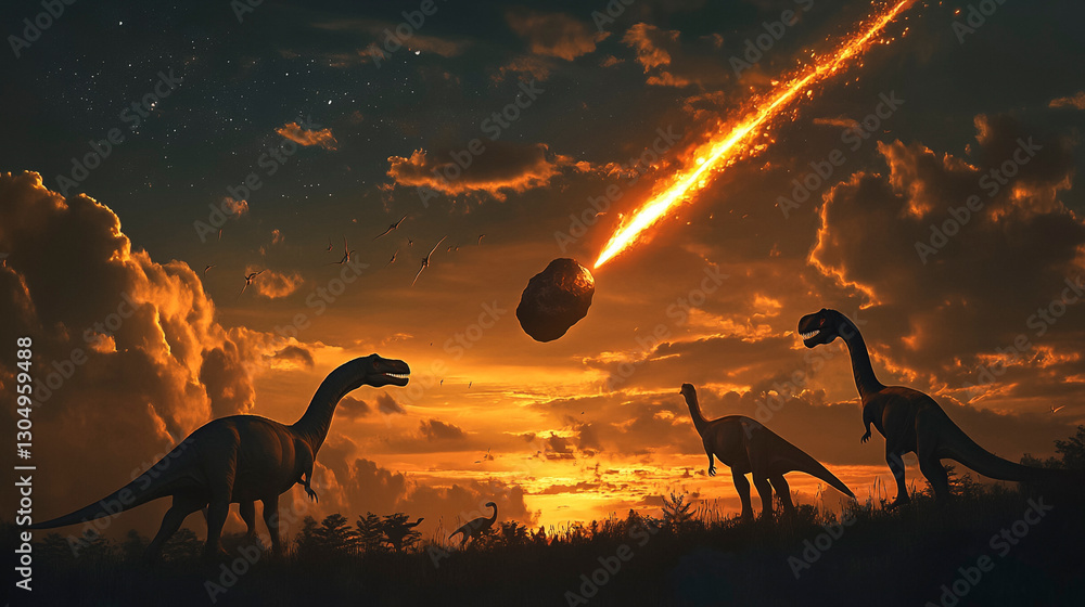 Naklejka premium Extinction Event, Dinosaurs Watching a Massive Meteor Streak Across the Sky