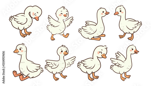 Cute goose farm bird childish characters in different position and action outdoors isolated drawing set. Funny geese standing, playing, vector illustration