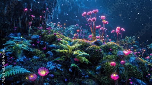 Dreamlike landscape covered in glowing flora neon ferns and bioluminescent petals with a dark starry backdrop