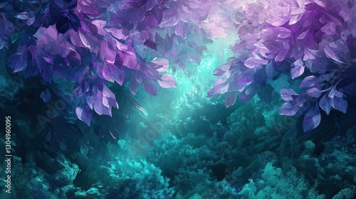 Enchanted forest with glowing purple and teal leaves shimmering like crystals reflecting light on the moss beneath