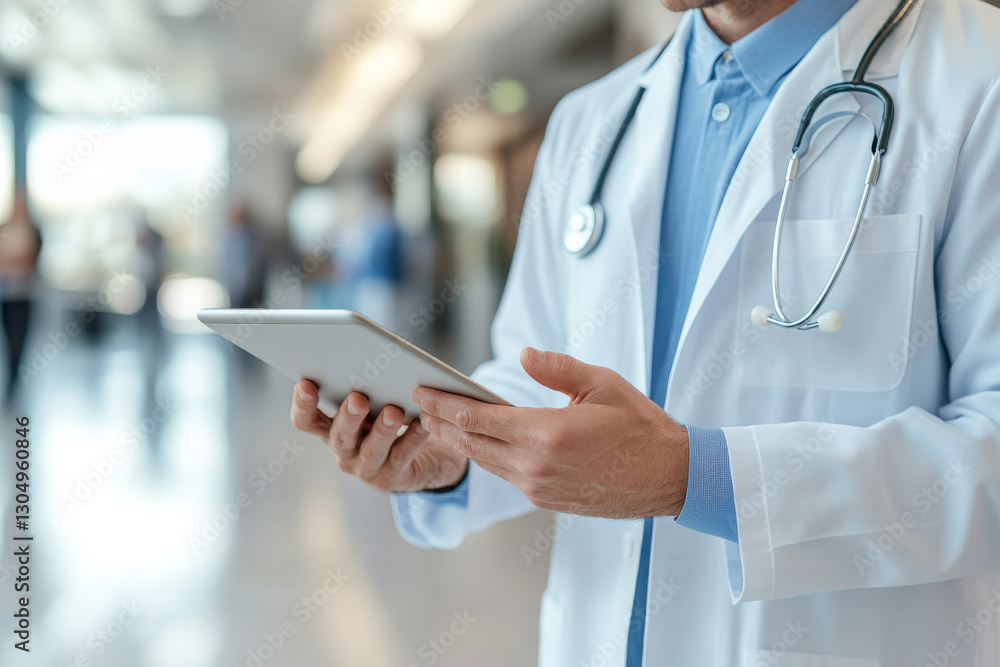 Healthcare professional using tablet in hospital setting Healthcare professional using tablet in hospital setting