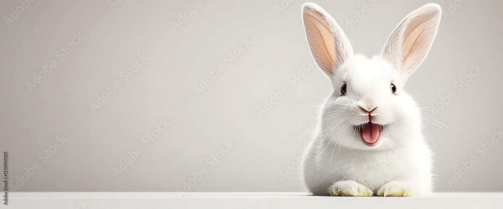 Fototapeta premium Happy white rabbit smiling with open mouth in studio setting against neutral background