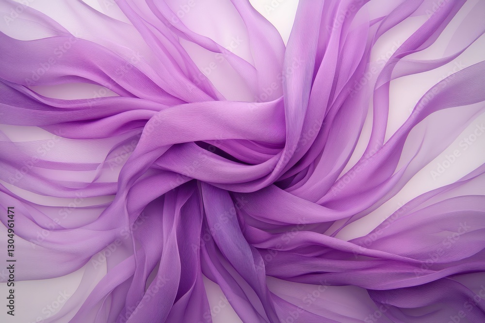 Fototapeta premium Soft purple chiffon fabric arranged in a swirling pattern creating an elegant and delicate visual display