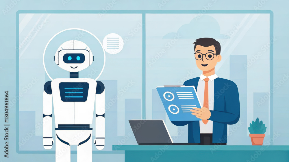 robotic assistant handing digital documents to professional in office. scene showcases technology and collaboration in modern workspace robotic assistant handing digital documents to professional in office. scene showcases technology and collaboration in modern workspace
