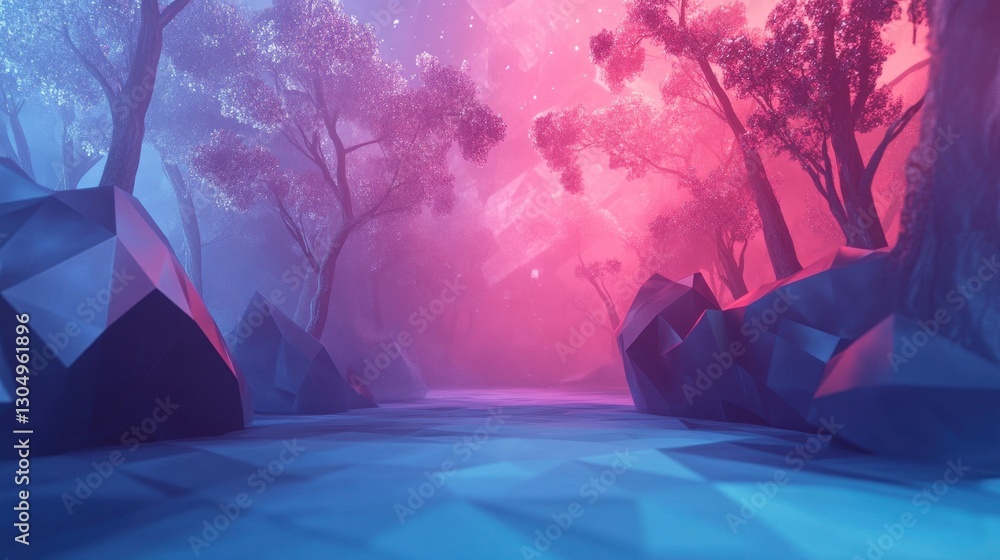 Obraz premium Polygonal alien forest with surreal glowing trees and soft cosmic mist