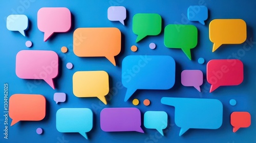 Blue background with many different colored speech bubbles