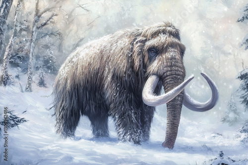 Prehistoric Woolly Mammoth Roaming the Ice Age Wilderness