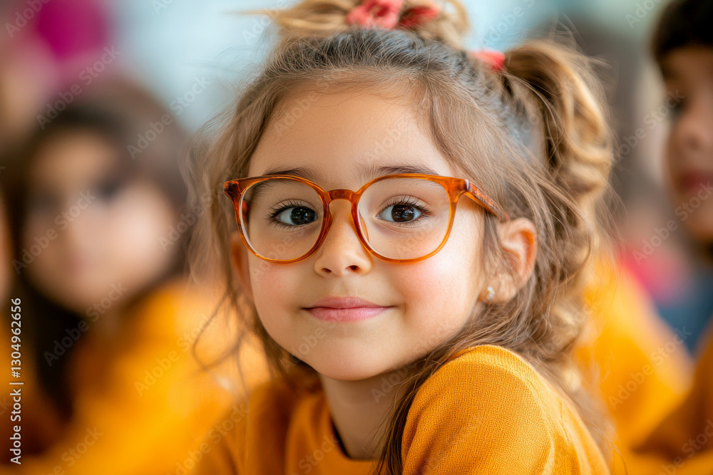 smiling girl with glasses in classroom setting smiling girl with glasses in classroom setting