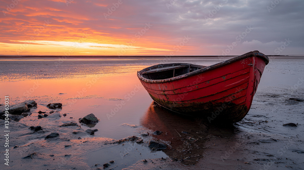 red boat on shore at sunset, reflecting vibrant colors red boat on shore at sunset, reflecting vibrant colors