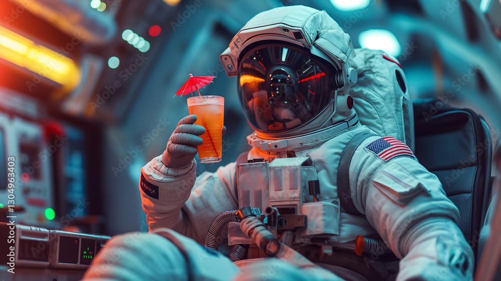 This astronaut enjoys a cocktail while seated in a futuristic spacecraft cabin. This astronaut enjoys a cocktail while seated in a futuristic spacecraft cabin.