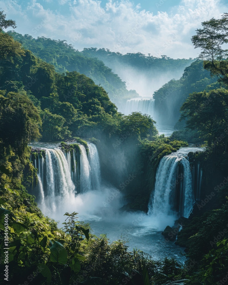 Fototapeta premium Majestic Waterfall Surrounded by Lush Greenery and Misty Mountains in a Breathtaking Natural Landscape
