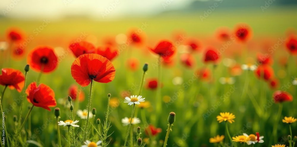 Obraz premium Red poppy field with a few yellow daisies and white buttercups, buttercup, green grass, red poppy