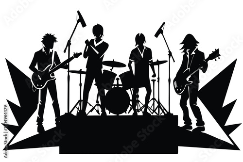 Rock band musicians on stage Isolated silhouettes on a white background