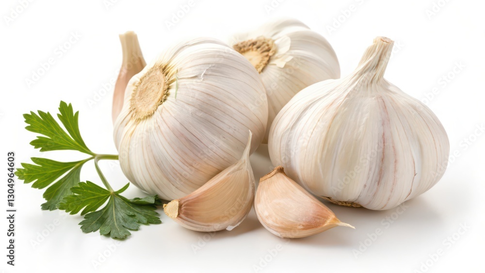 Garlic Bulbs and Cloves with Parsley on White Background Garlic Bulbs and Cloves with Parsley on White Background