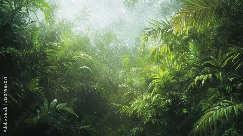 Rain-soaked rainforest with leaves shimmering and mist softly rising through trees Rain-soaked rainforest with leaves shimmering and mist softly rising through trees