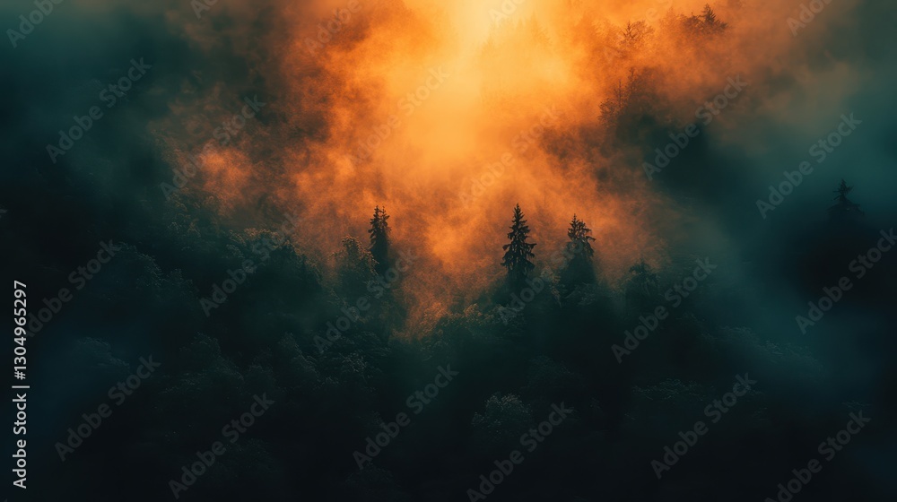 Glow from a rainforest canopy at sunset with misty texture and ethereal glow Glow from a rainforest canopy at sunset with misty texture and ethereal glow
