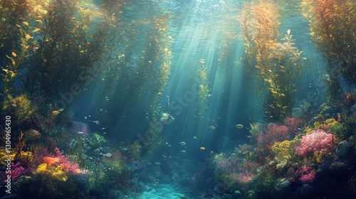 Underwater forest with flowing kelp and glowing coral gardens adding a dreamlike atmosphere