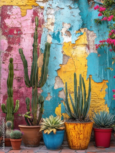Vibrant Mexican Wall with Cacti and Succulents in Colorful Pots Capturing the Essence of a Desert Garden with a Rustic Charm and Warm Light