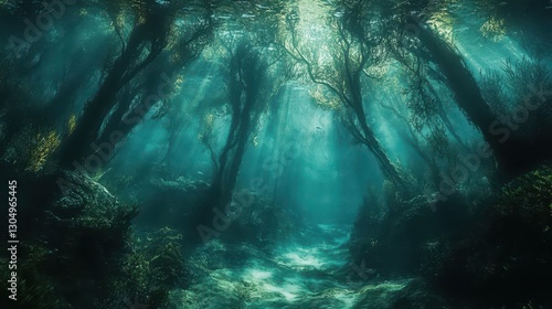 Surreal underwater forest with sunlight illuminating kelp and iridescent corals
