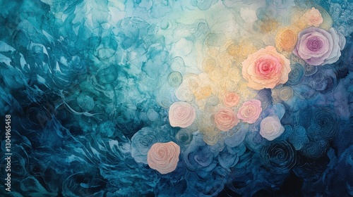 Oceanic background with swirling watercolor patterns of coral reefs glowing under soft light