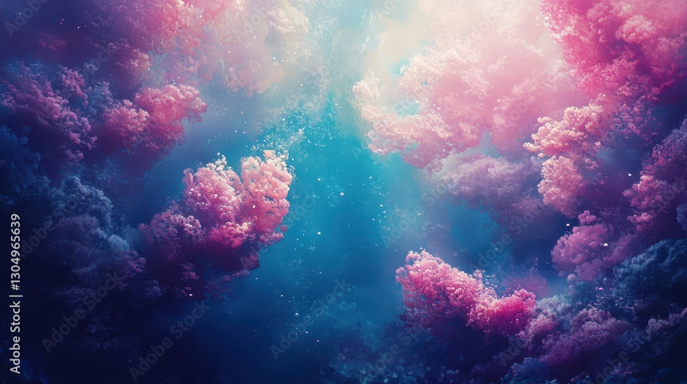 Fototapeta premium Giant coral formations resembling flowers with glowing teal highlights in a pastel underwater scene