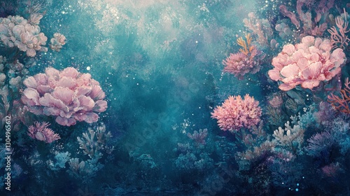 Celestial underwater scene with coral formations resembling flowers blended in pastel tones