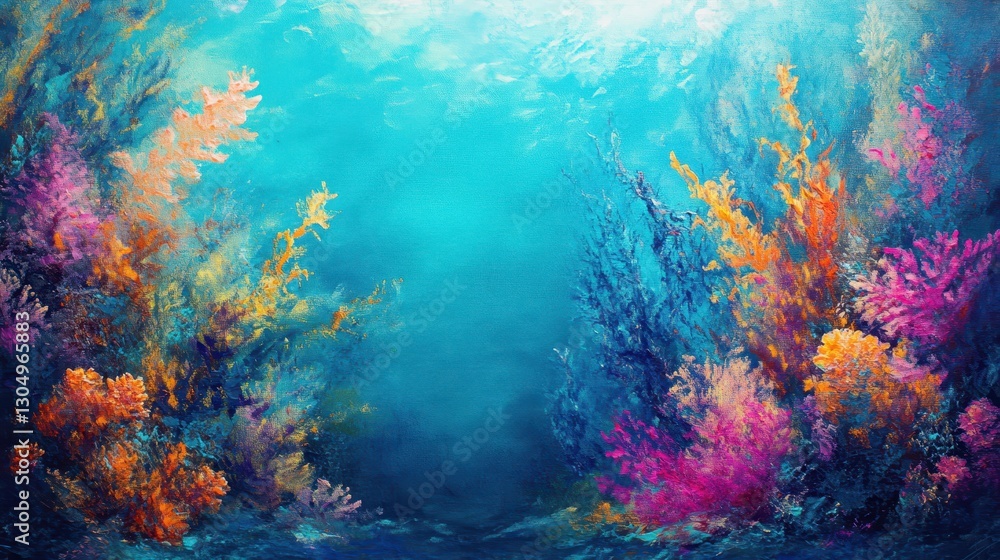 Undersea composition with coral reefs and flowing kelp illuminated by turquoise mist Undersea composition with coral reefs and flowing kelp illuminated by turquoise mist