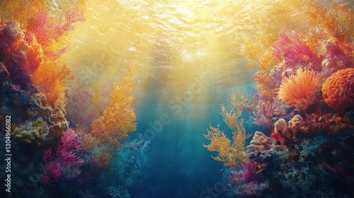 Tropical reef illuminated by golden sunset vibrant coral swaying in the current