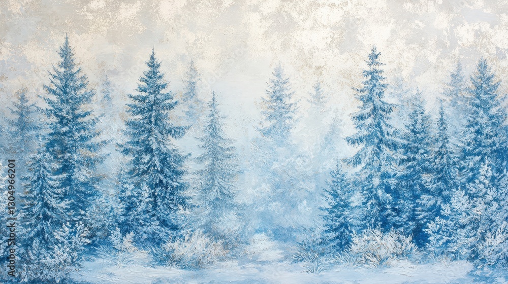 Icy pine trees covered in frost mist rolling through the snow-covered landscape Icy pine trees covered in frost mist rolling through the snow-covered landscape