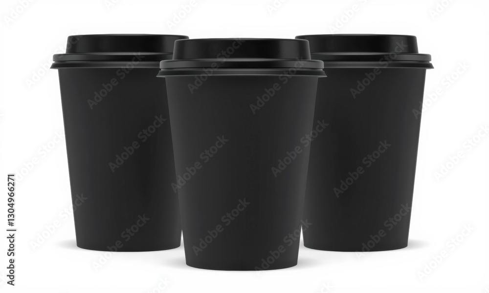 Three black coffee cups with lids arranged together, perfect for branding and mockup designs. Ideal for showcasing beverages or cafe concepts Three black coffee cups with lids arranged together, perfect for branding and mockup designs. Ideal for showcasing beverages or cafe concepts