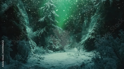 Frozen glade with soft snow and glowing ice crystals aurora illuminating the winter night