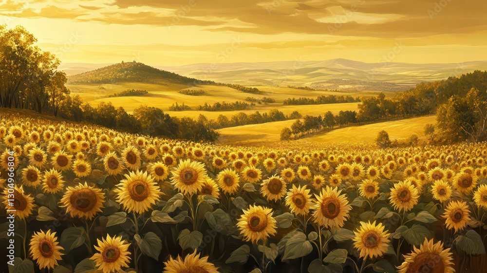 Fototapeta premium Endless sunflower field with golden light casting long shadows across the warm fields