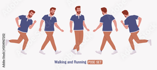 Man, bearded handsome guy casual sporty wear walk, run pose set. Stylish athletic sportswear polo, jogs for exercise, modern active life, fit city activity. Vector flat style cartoon illustration