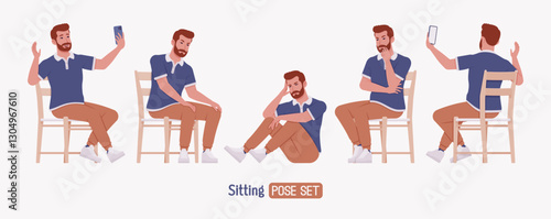 Man, bearded handsome guy casual sporty wear sitting pose set. Stylish athletic sportswear polo, jogs for exercise, modern active life, fit city activity. Vector flat style cartoon illustration