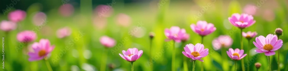 Soft pink ranunculus flowers scattered in a lush green meadow, spring bloom, nature Soft pink ranunculus flowers scattered in a lush green meadow, spring bloom, nature