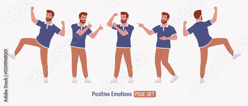 Man, bearded handsome guy casual sporty wear positive emotion set. Stylish athletic sportswear polo, jogs for exercise, modern active life, fit city activity. Vector flat style cartoon illustration