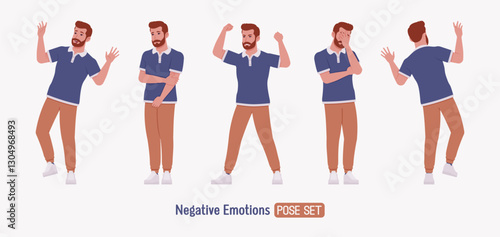 Man, bearded handsome guy casual sporty wear negative emotion set. Stylish athletic sportswear polo, jogs for exercise, modern active life, fit city activity. Vector flat style cartoon illustration