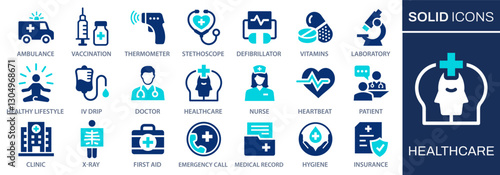 Healthcare icon set. Collection of medicine, doctor, clinic, health and more. Vector illustration. Easily changes to any color.