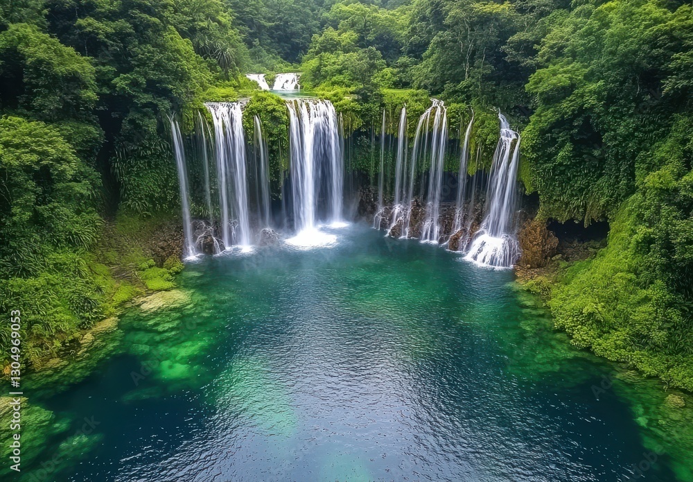 Obraz premium Majestic Waterfall Surrounded by Lush Greenery in Tropical Paradise with Crystal Clear Water Pooling Below