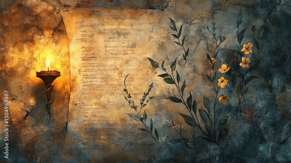 Naklejka premium Medieval botanical backdrop with sacred herbs illuminated by warm candlelight