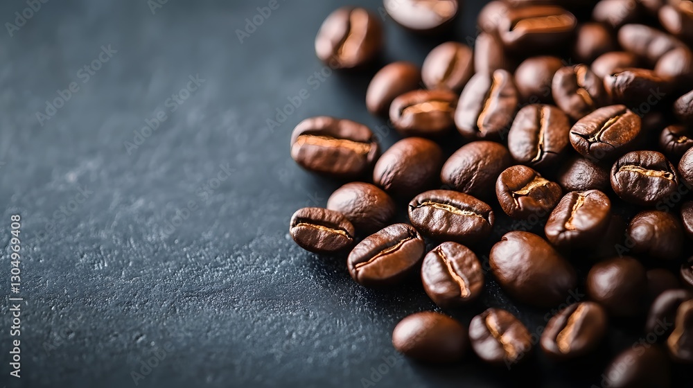 Naklejka premium Close-up of roasted coffee beans with rich brown hues, scattered across a dark surface