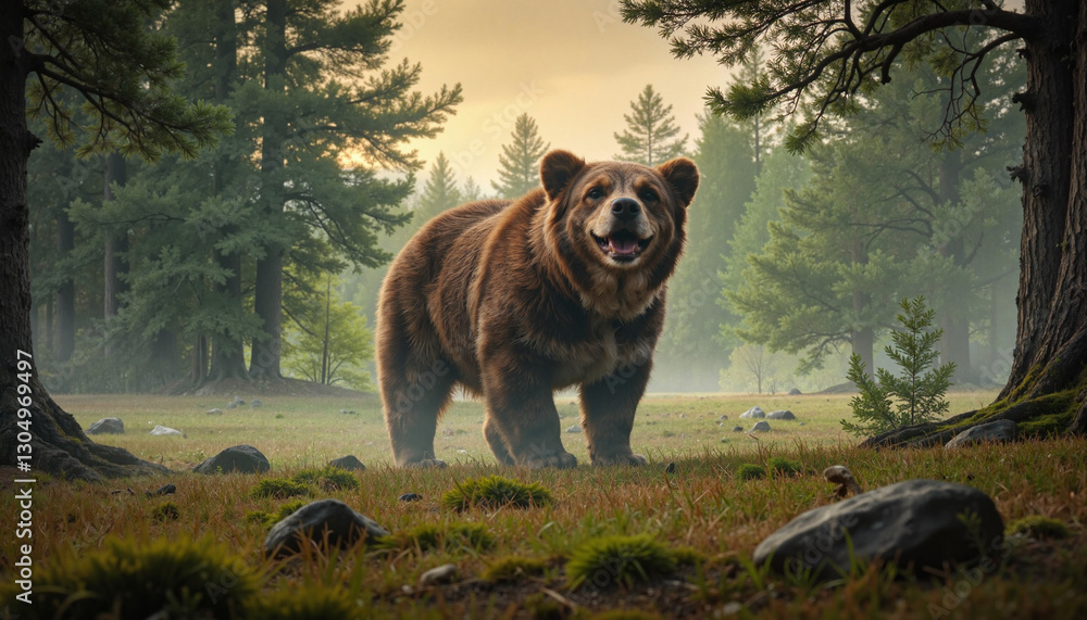 Fototapeta premium Cheerful bear standing in misty forest, nature's majesty