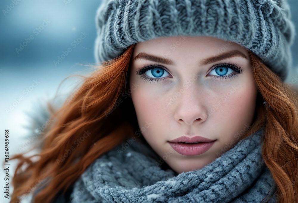 A young woman with striking blue eyes and long red hair wearing a grey knit hat and scarf. A young woman with striking blue eyes and long red hair wearing a grey knit hat and scarf.