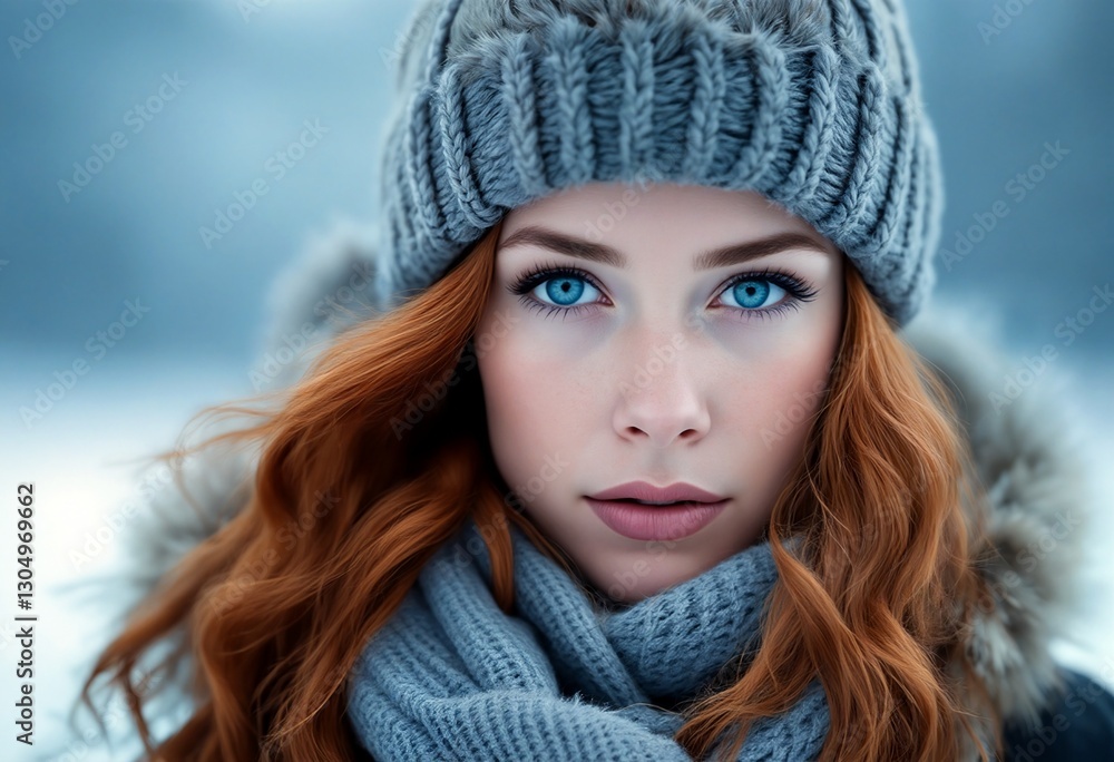 A close-up photograph of a young woman with striking blue eyes and long red hair wearing a grey knit hat and scarf. A close-up photograph of a young woman with striking blue eyes and long red hair wearing a grey knit hat and scarf.