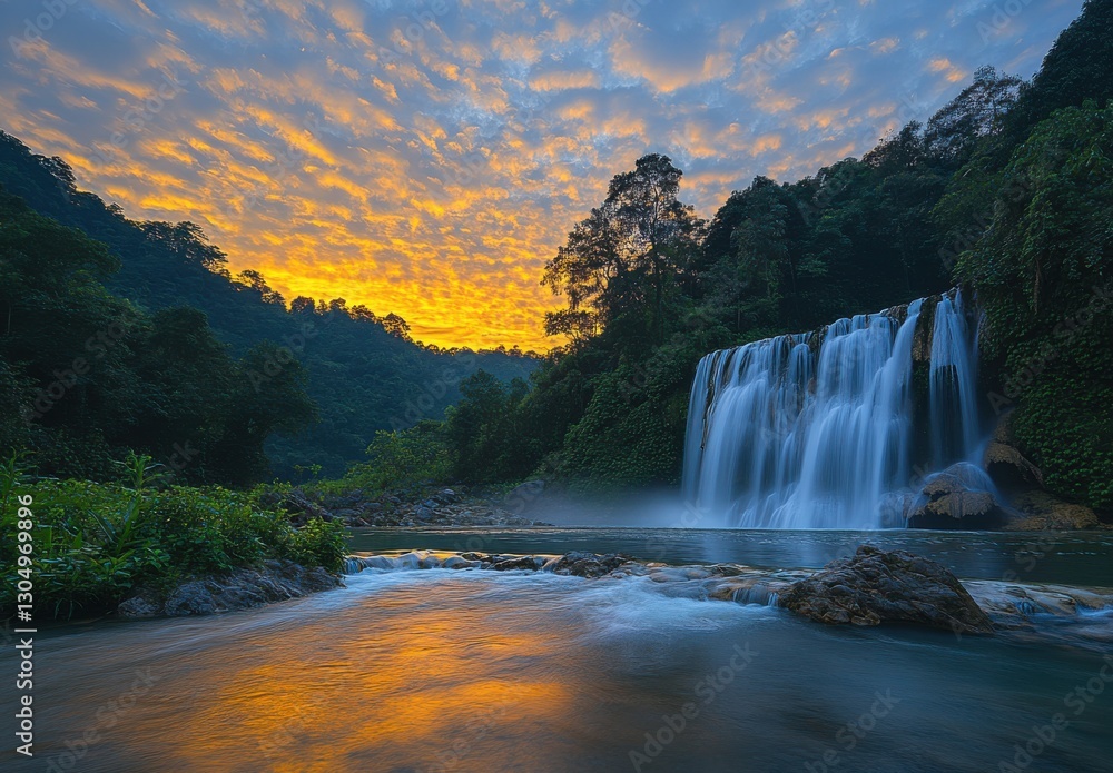 Fototapeta premium Majestic Waterfall Surrounded by Lush Greenery Under a Colorful Sky During Dawn with Reflections on Calm Water Surface